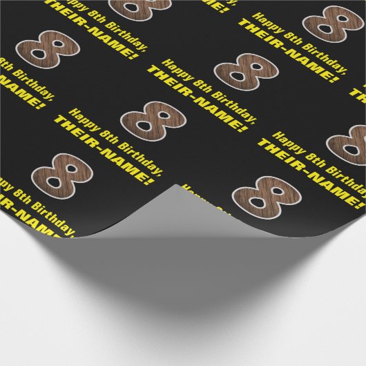8e verjaardag: Naam & Faux Hout Grain Pattern "8" Cadeaupapier (Hoek)