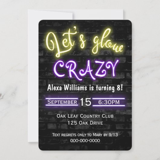 8e verjaardag Neon Glow Sign. Brick Wall Kaart (Voorkant)