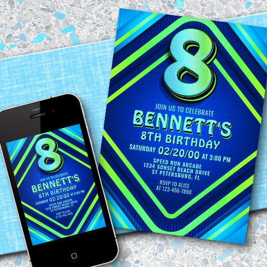 8e verjaardag Neon uitnodiging