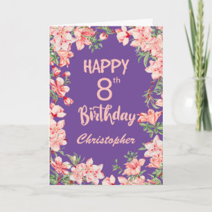 8e verjaardag Paarse Pink Peach Waterverf Floral Kaart