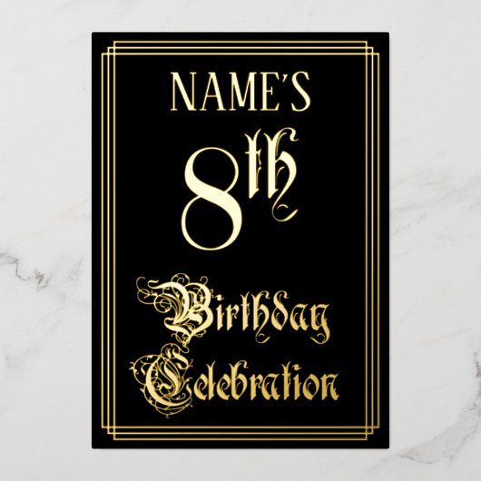 8e verjaardag Partij — Fancy Manuscript & de Naam  Folie Uitnodiging (Voorkant)