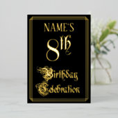 8e verjaardag Partij — Fancy Manuscript & de Naam  Folie Uitnodiging (Staand Voorkant)