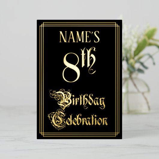8e verjaardag Partij — Fancy Manuscript & de Naam Folie Uitnodiging (Staand Voorkant)