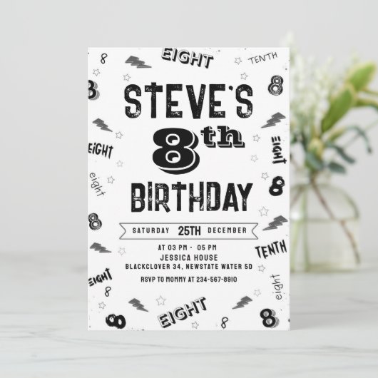 8e verjaardag Party Nummer Uitnodiging Sjabloon (Staand voorkant)