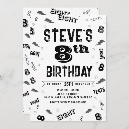 8e verjaardag Party Nummer Uitnodiging Sjabloon (Voorkant / Achterkant)