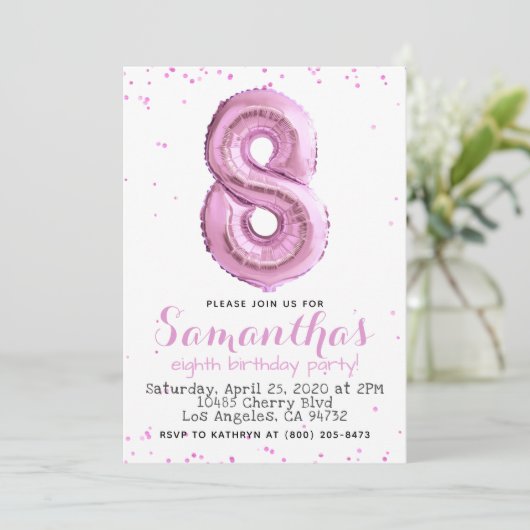 8e Verjaardag Pastel Roze Ballon Uitnodiging (Staand voorkant)