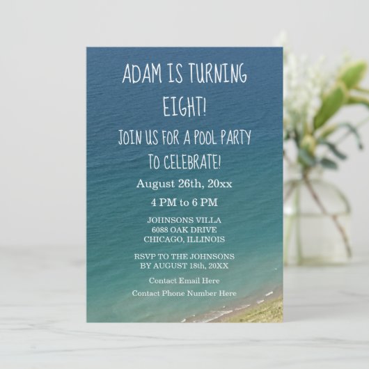 8e Verjaardag Pool Party Blue Water Seashore Beach Kaart (Staand voorkant)