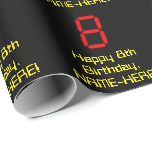 8e verjaardag: Red Digital Clock Style "8" + naam Cadeaupapier (Rol Hoek)
