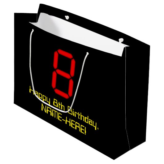 8e verjaardag: Red Digital Clock Style "8" + naam Groot Cadeauzakje (Voorkant Gekanteld)