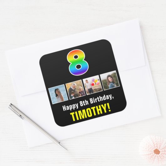 8e verjaardag: Regenboog "8"; Aangepaste foto's &  Vierkante Sticker (Envelop)
