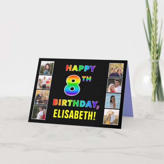 8e verjaardag: Regenboogtekst, aangepaste foto's e Kaart (Voorkant)