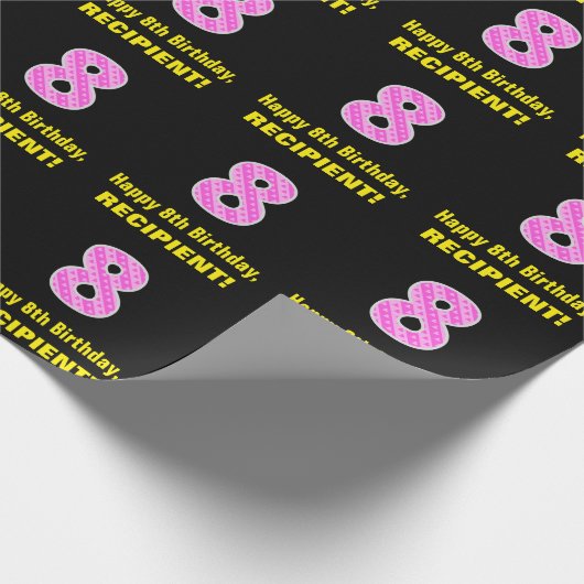 8e verjaardag: Roze strepen en hart "8" + naam Cadeaupapier (Hoek)