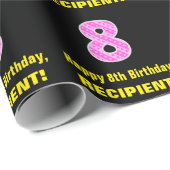 8e verjaardag: Roze strepen en hart "8" + naam Cadeaupapier (Rol Hoek)