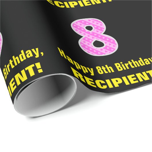 8e verjaardag: Roze strepen en hart "8" + naam Cadeaupapier (Rol Hoek)