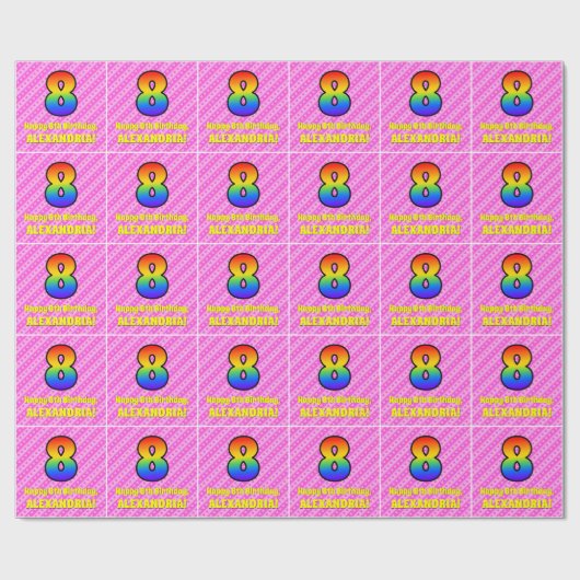8e verjaardag: Roze stripes en harten, regenboog # Cadeaupapier (Vlak)