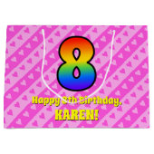8e verjaardag: Roze stripes en harten, regenboog # Groot Cadeauzakje (Voorkant)