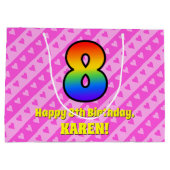 8e verjaardag: Roze stripes en harten, regenboog # Groot Cadeauzakje (Achterkant)