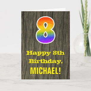 8e verjaardag: Rustic Faux Wood Kijk, regenboog "8 Kaart