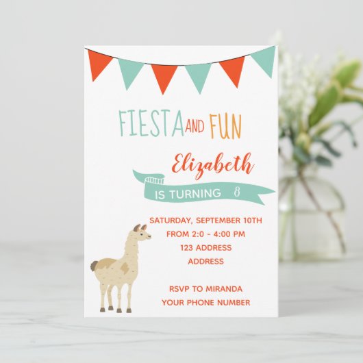 8e verjaardag uitnodiging fivesta met lama (Staand voorkant)