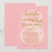 8e verjaardag Uitnodiging meisjes roze gouden hart (Voorkant / Achterkant)