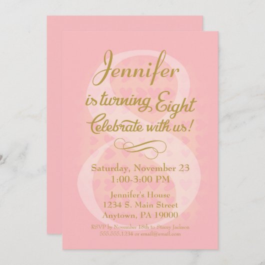 8e verjaardag Uitnodiging meisjes roze gouden hart (Voorkant / Achterkant)