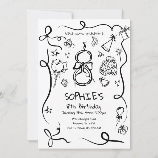 8e verjaardag uitnodiging, met de hand getekend 8e kaart (Voorkant)