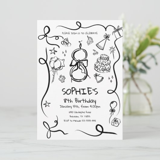 8e verjaardag uitnodiging, met de hand getekend 8e kaart (Staand voorkant)