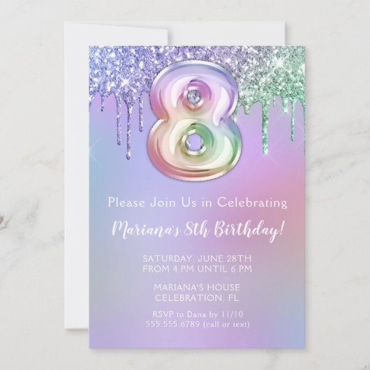 8e verjaardag Uitnodiging Paarse roze glitter (Voorkant)