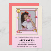 8e verjaardag uitnodiging Retro Groovy Pink Floral (Voorkant / Achterkant)