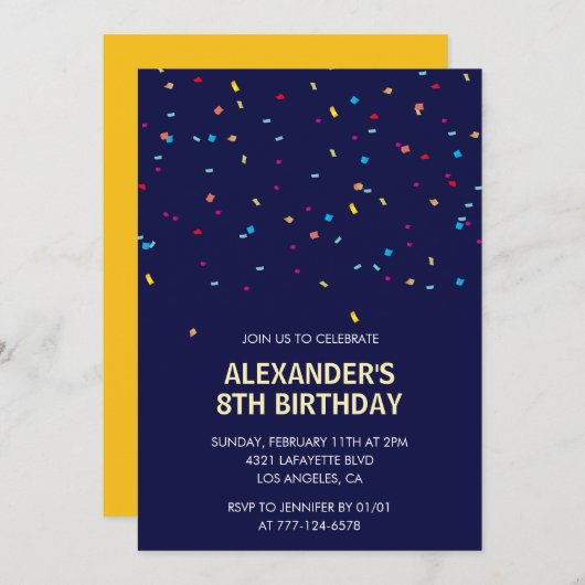 8e verjaardag uitnodigingen Boy Confetti Modern (Voorkant / Achterkant)