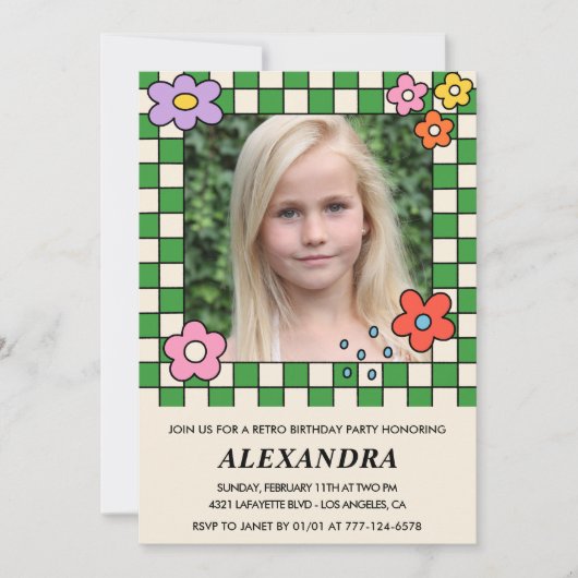 8e verjaardag uitnodigingen Retro Groovy Flowers (Voorkant)