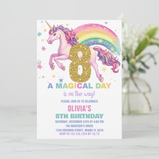 8e verjaardag van de eenhoorn uitnodigingen (Staand voorkant)