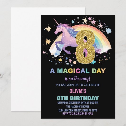 8e verjaardag van de eenhoorn uitnodigingen (Voorkant / Achterkant)