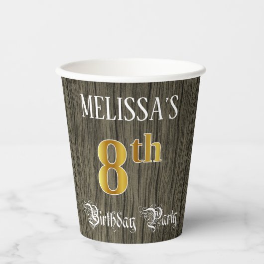 8e verjaardag van de Faux Gold & Faux Wood Papieren Bekers (Voorkant)