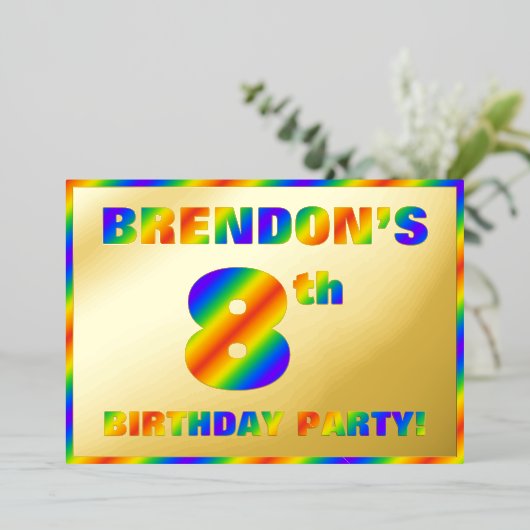 8e verjaardag van de geboorte — Fun, regenboogspec Folie Uitnodiging (Staand Voorkant)