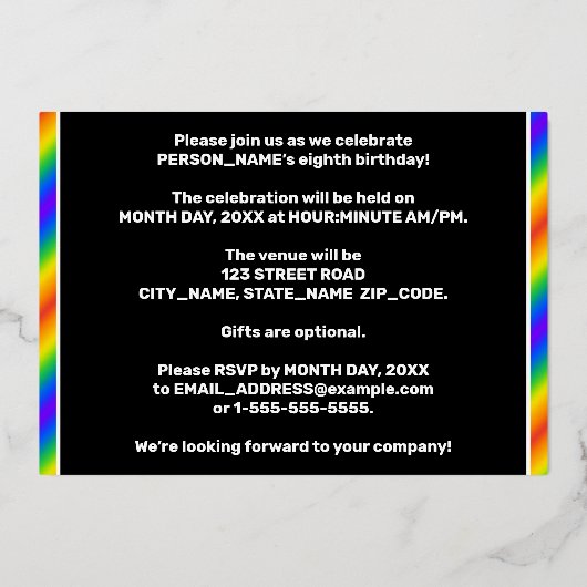 8e verjaardag van de geboorte — Fun, regenboogspec Folie Uitnodiging (Achterkant)