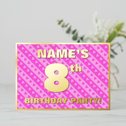 8e verjaardag van de opstand - vuurroze harten en  folie uitnodiging (Staand Voorkant)