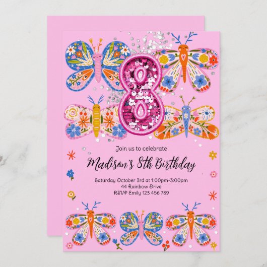 8e verjaardag vlinder kaart (Voorkant / Achterkant)