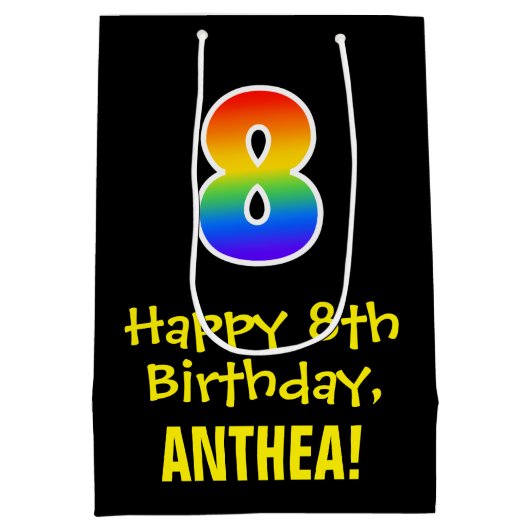 8e verjaardag: Vun, Vet, kleurrijk, Regenboog "8" Medium Cadeauzakje (Achterkant)