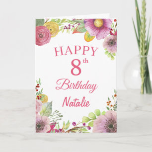 8e verjaardag Waterverf Floral Flowers Roze kaart