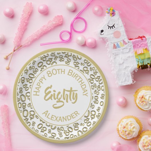 8e verjaardag Willekeurig Nummer Patroon Goud/Wit Papieren Bordje (Feest)