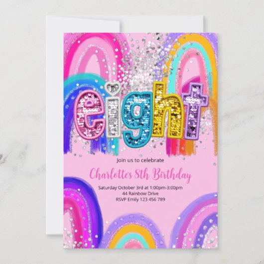 8e verjaardags uitnodiging regenboog sequin feest (Voorkant)