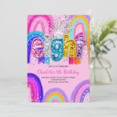 8e verjaardags uitnodiging regenboog sequin feest (Staand voorkant)