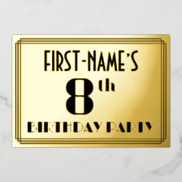 8e verjaardagsfeestje: Art Deco-look “8” en naam Folie Uitnodiging