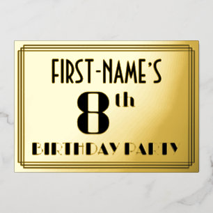 8e verjaardagsfeestje: Art Deco-look “8” en naam Folie Uitnodiging
