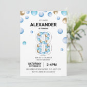 8e verjaardagsfeestje, blauwe en gouden ballon jon kaart (Staand voorkant)