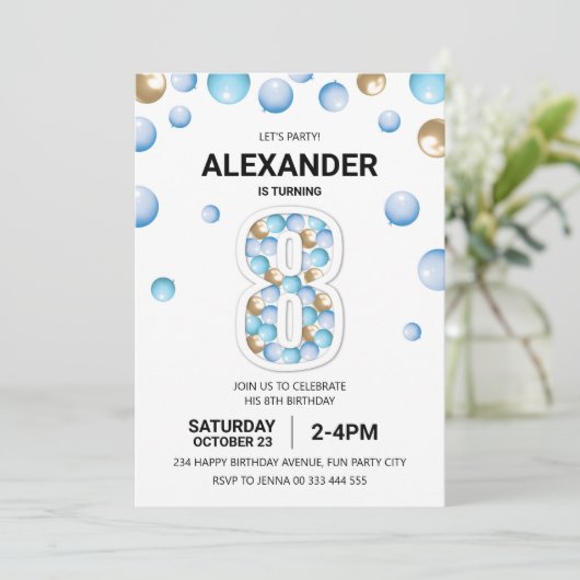 8e verjaardagsfeestje, blauwe en gouden ballon jon kaart (Staand voorkant)