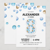 8e verjaardagsfeestje, blauwe en gouden ballon jon kaart (Voorkant / Achterkant)