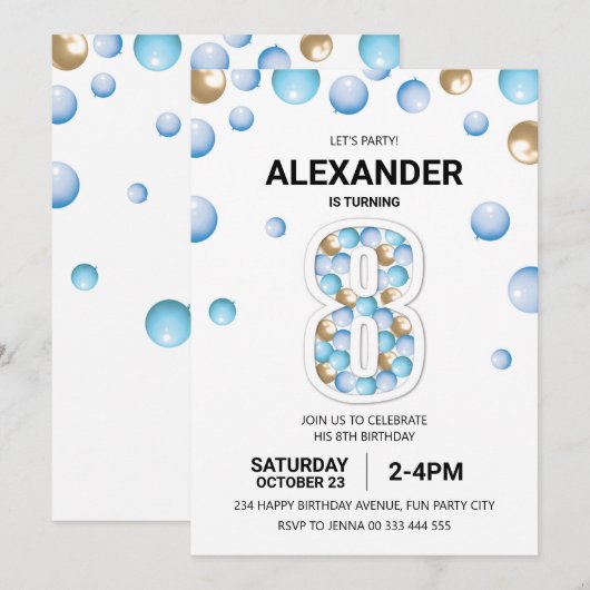 8e verjaardagsfeestje, blauwe en gouden ballon jon kaart (Voorkant / Achterkant)