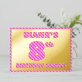 8e Verjaardagsfeestje — Kranig, Leuk, Roze Strepen Folie Uitnodiging (Staand Voorkant)